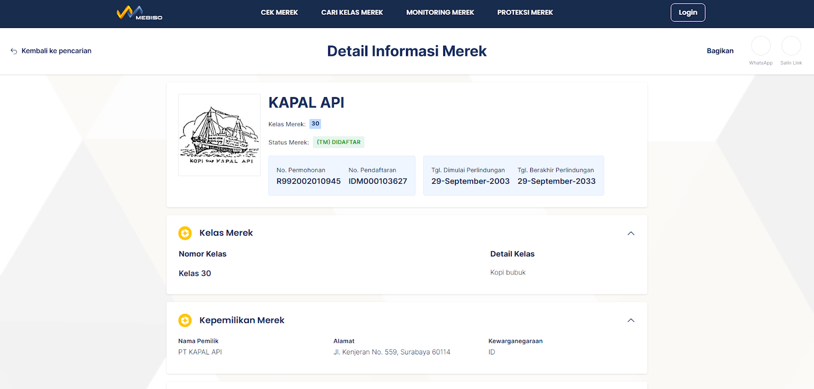 merek kapal api terdaftar di haki