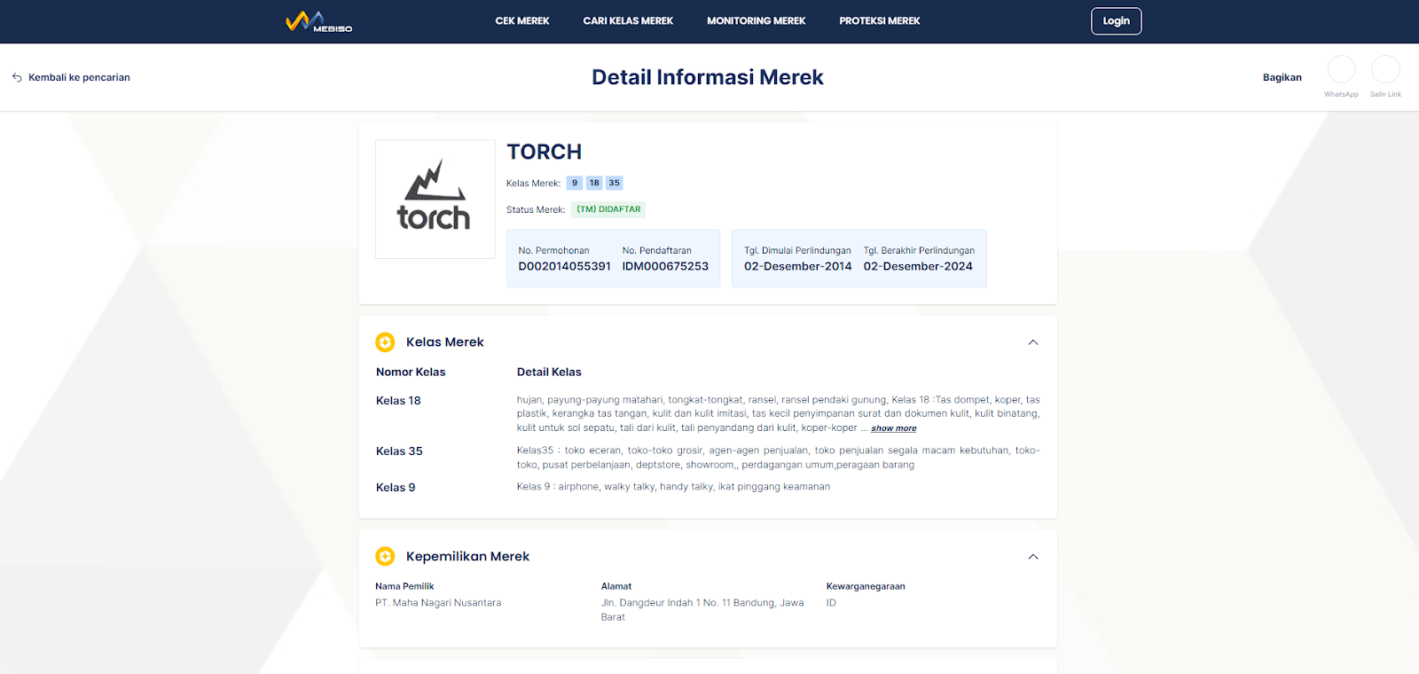 merek torch sudah didaftarkan