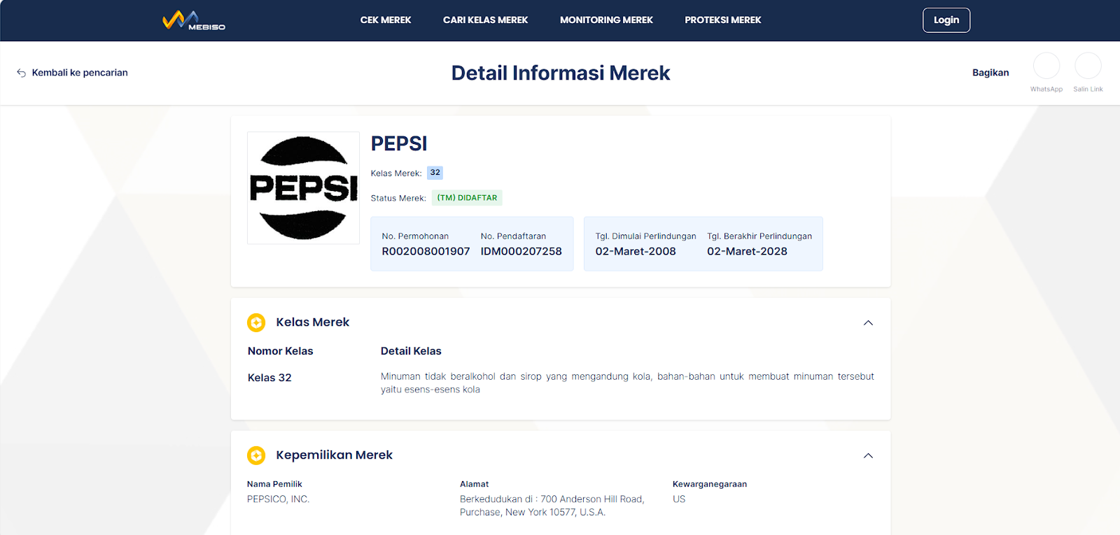 merek pepsi terdaftar di haki