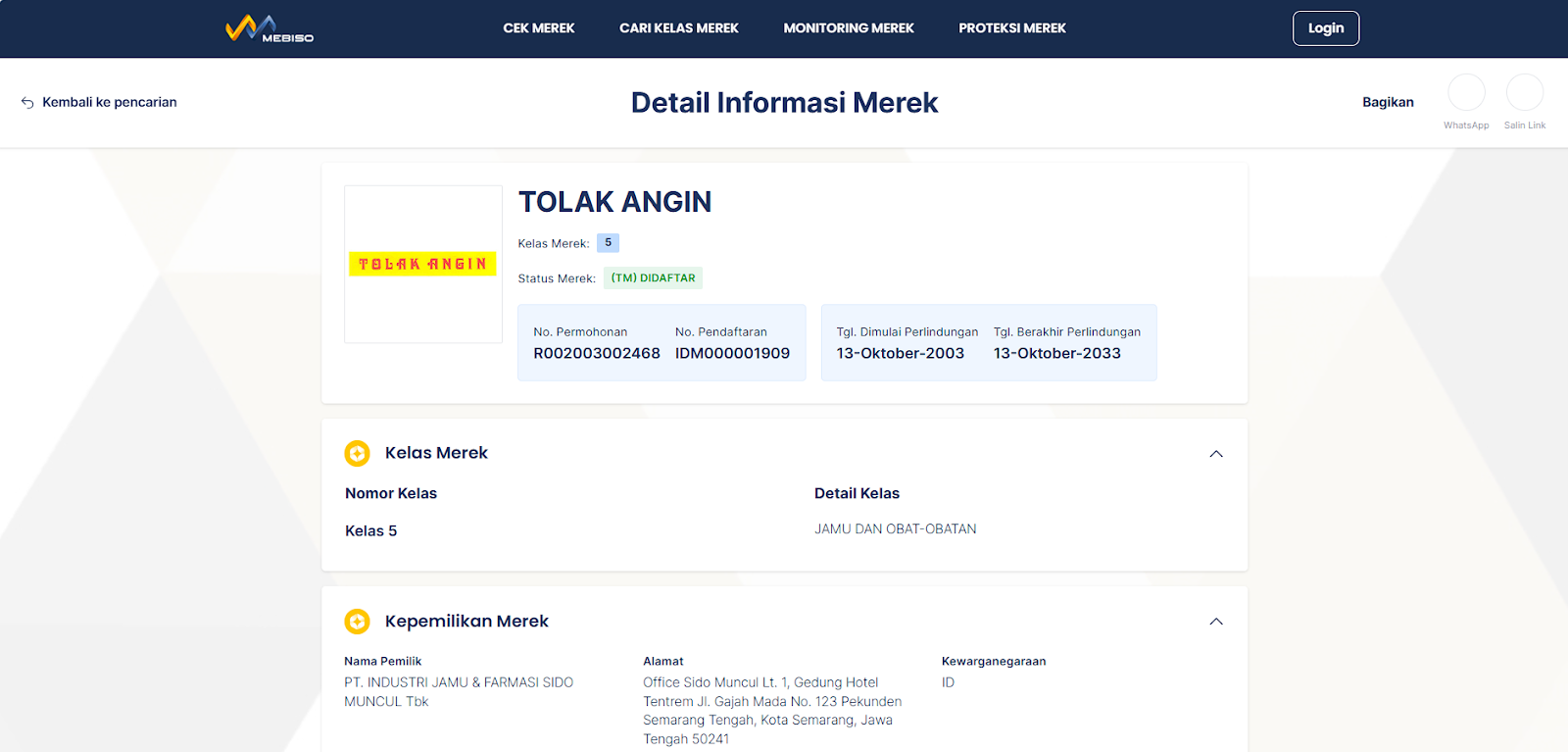 merek tolak angin terdaftar di haki