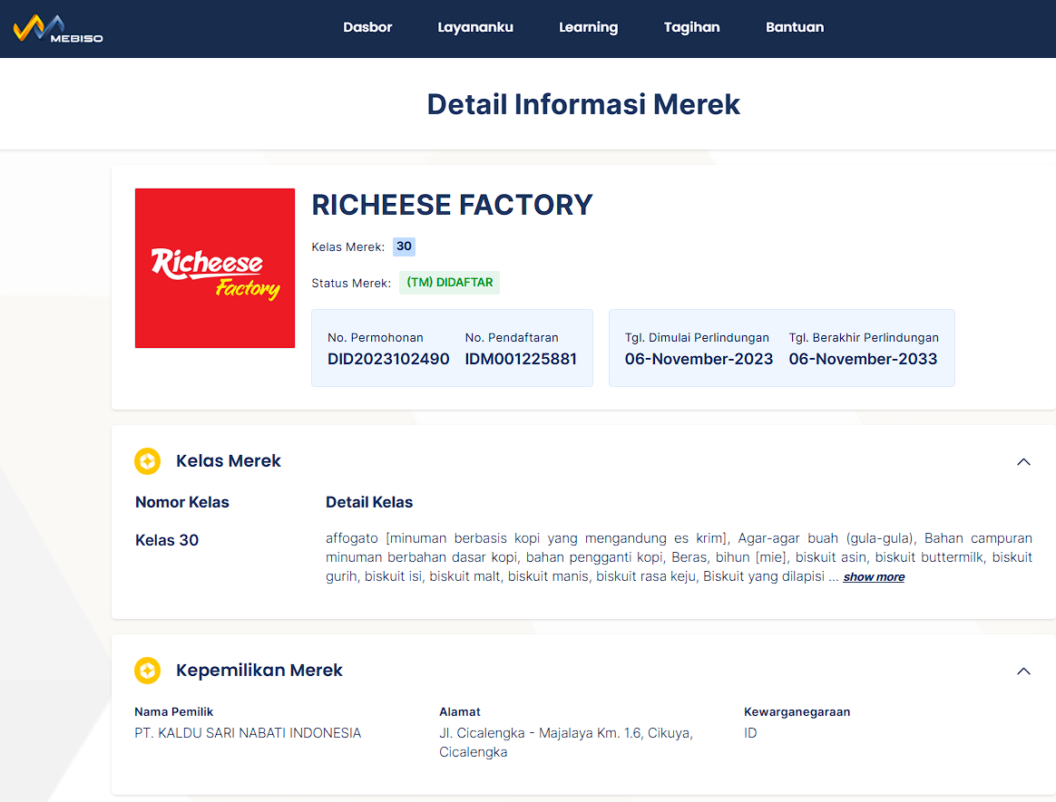 contoh merek makanan richeese factory