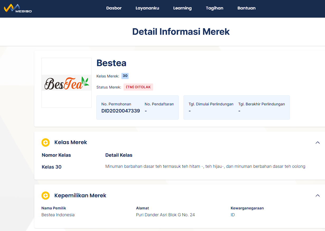 bestea contoh merek ditolak