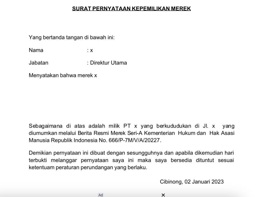 surat pernyataan kepemilikan merek